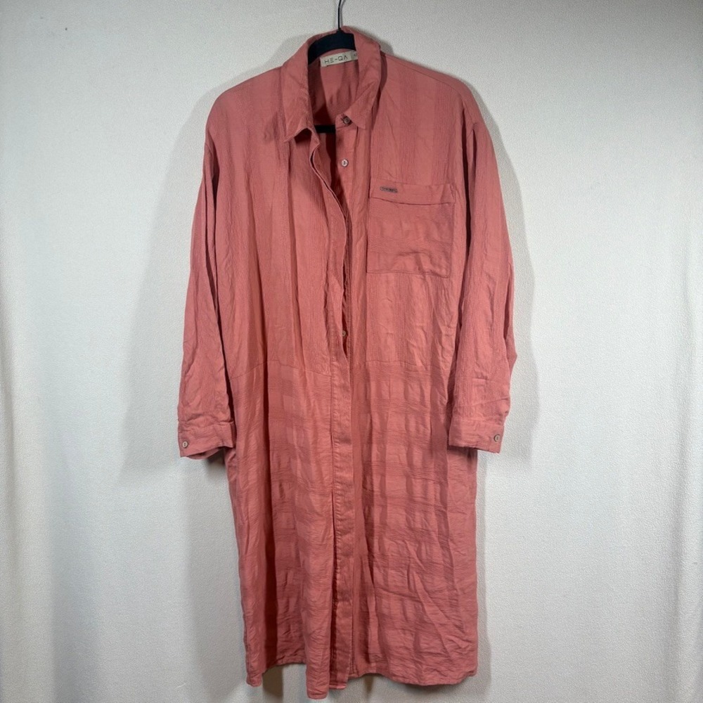 HE-QA Womens Long Tunic Shirt 42 (10/12) Coral Textured Button‎ Up Relaxed